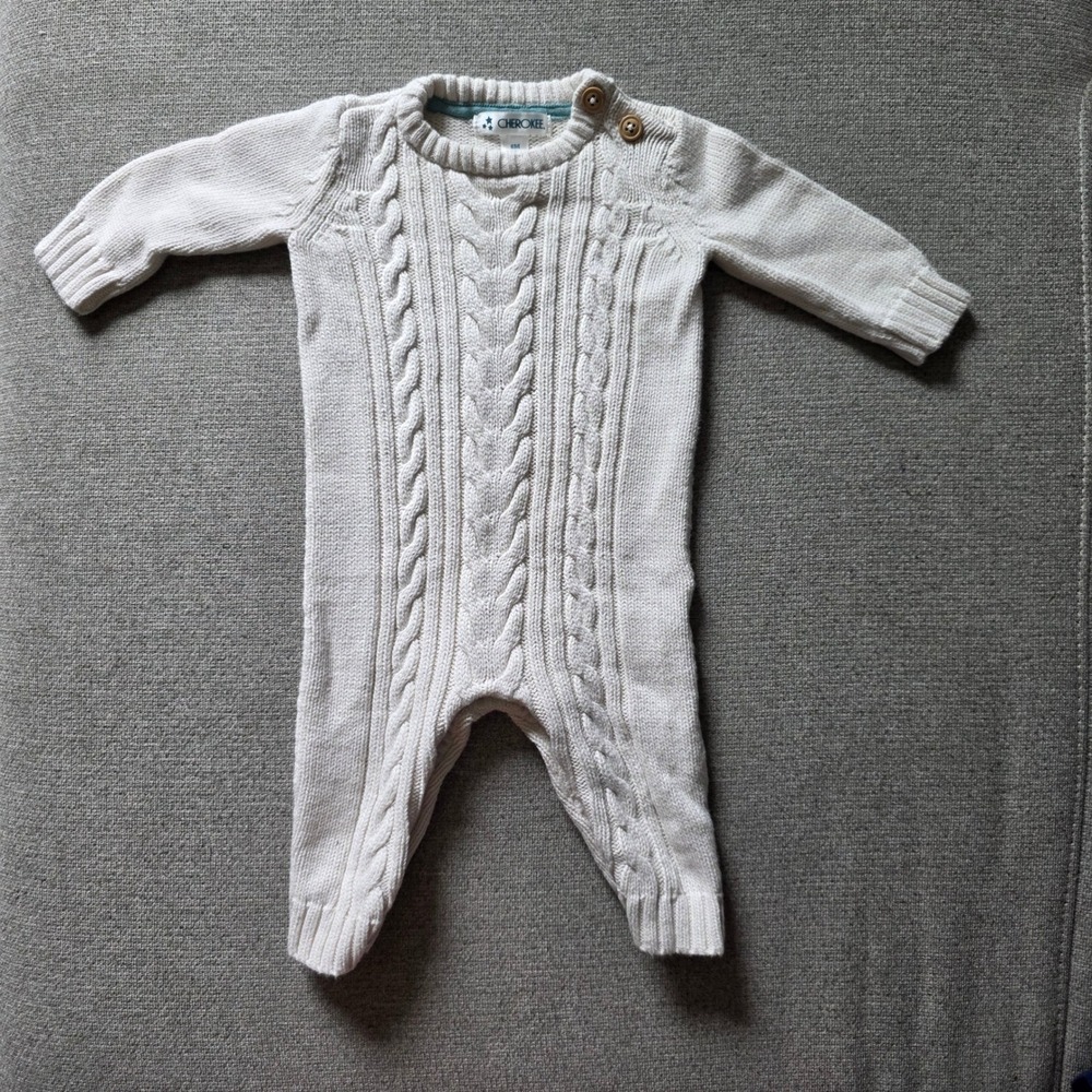Cherokee Infant Cream Cable Knit Romper One Piece 6M Off White Button Shoulder